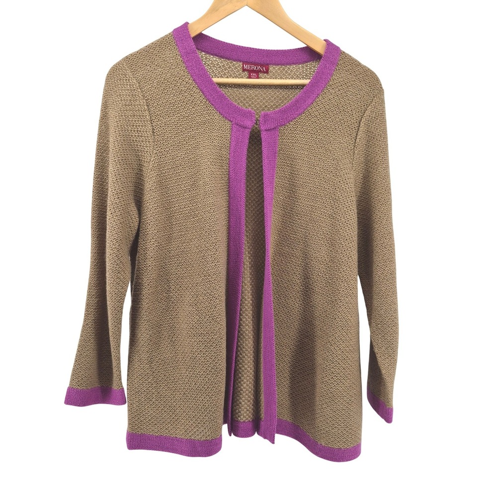 Merona Womens Sparkle Knit Cardigan Sweater Taupe Pink‎ Trim Sz XXL Glam Event